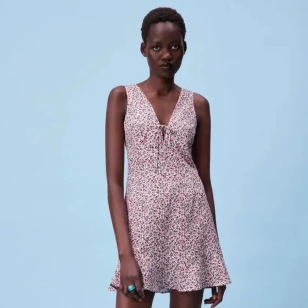Zara pink floral linen blend mini dress with front tie